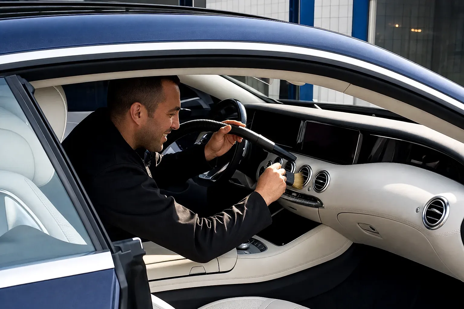 Innenraumreinigung im Cockpit eines Mercedes S-Klasse Coupés