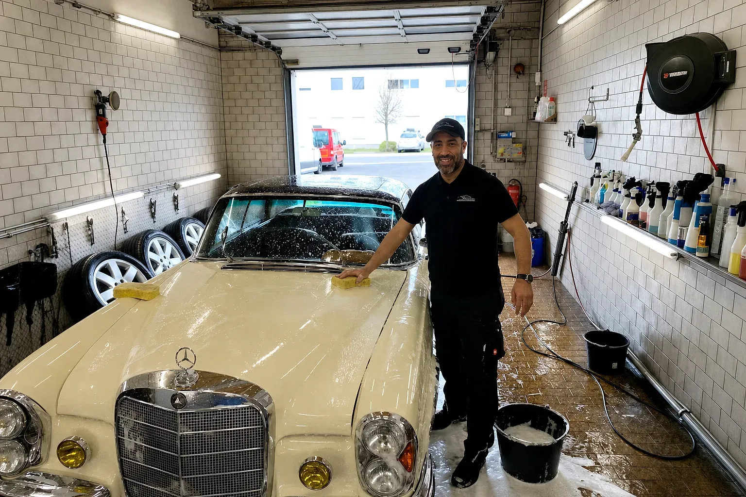 Handwäsche eines cremefarbenen Mercedes-Oldtimers bei Car Cleaner