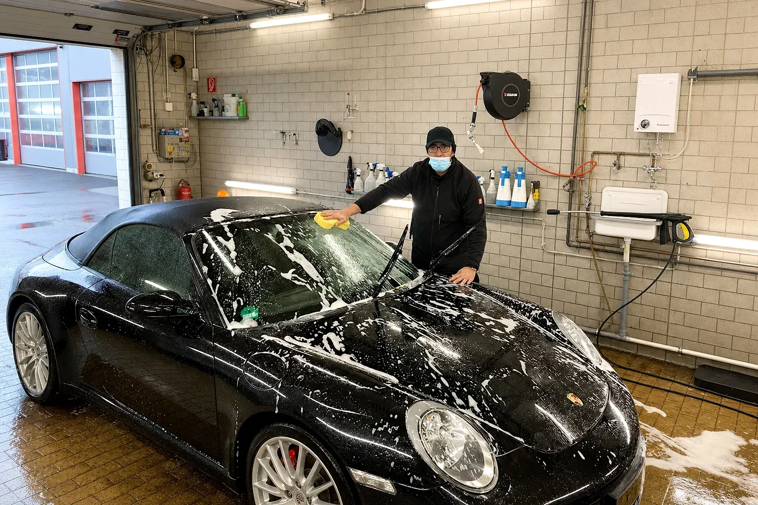 Schonende Handwäsche eines schwarzen Porsche 911 bei Car Cleaner Dietzenbach